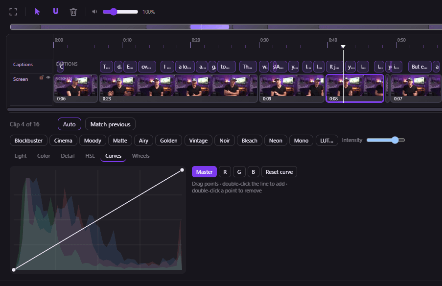 Studio's color page — grade presets, curves, HSL, and wheels