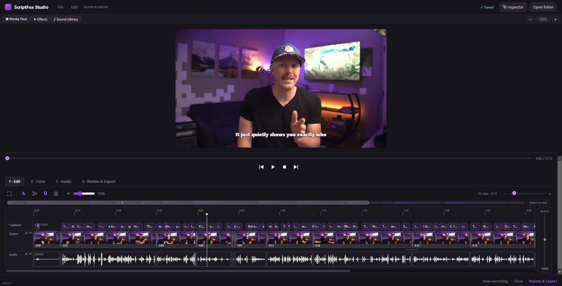 The full ScriptFox Studio editor — caption, clip, and audio lanes under a live preview