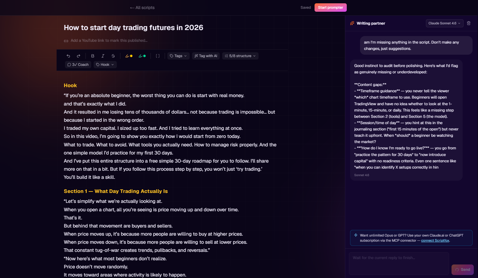 ScriptFox editor with a day-trading script open on the left and an AI writing partner panel on the right pointing out content gaps in the script