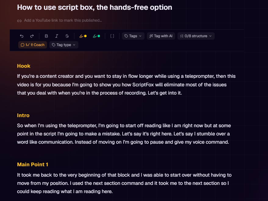 Scriptfox editor showing a script split into blocks highlighted in yellow — Hook, Intro, and Main Point 1 — created with the AI tagging tool