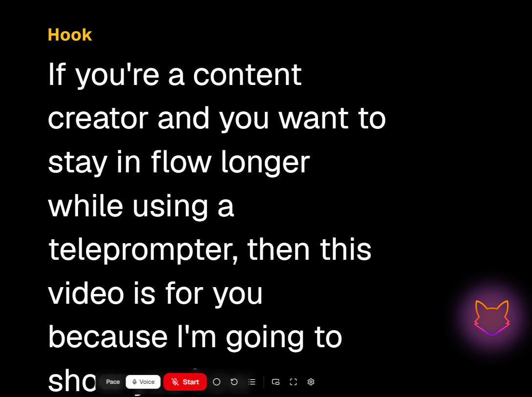 Scriptfox teleprompter view with large on-screen script text and the control bar showing the Voice and Start buttons