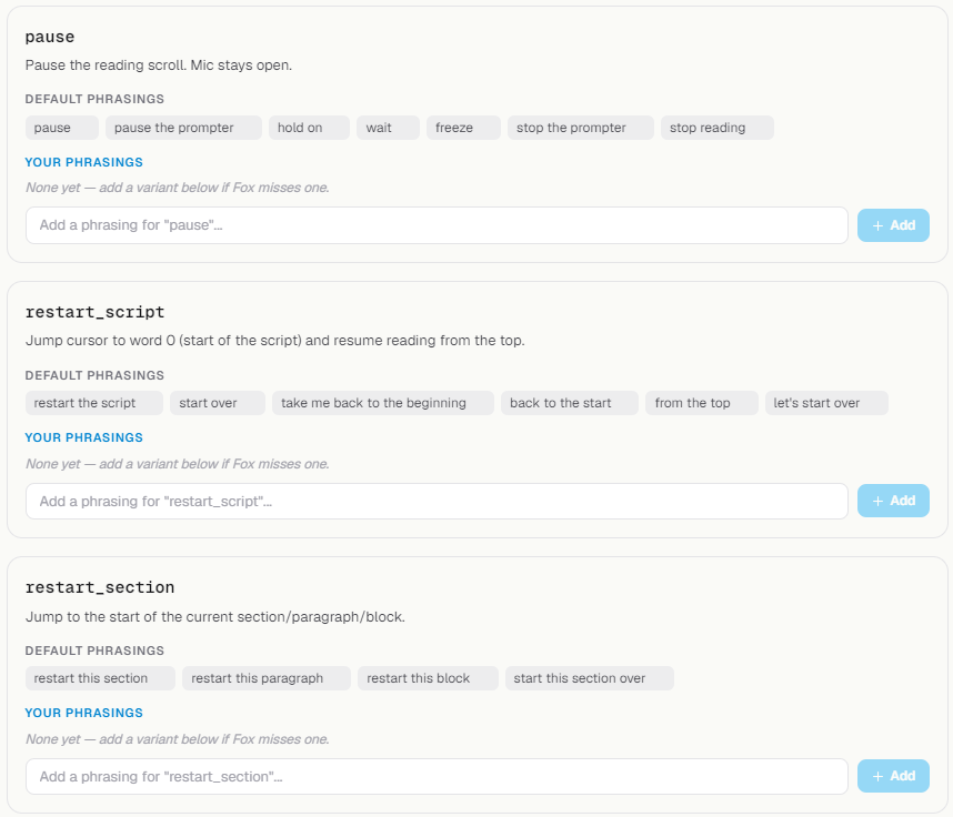 ScriptFox 'Hey Fox' voice command settings showing commands with default and custom phrasing variants