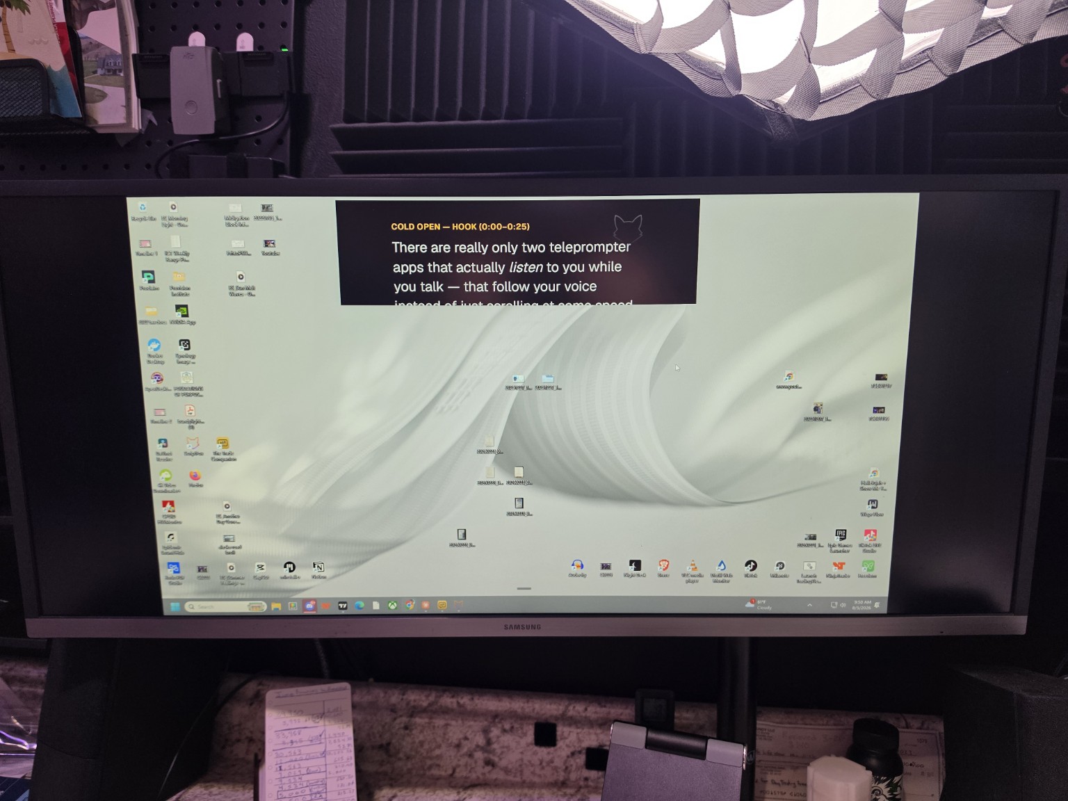 ScriptFox Floating Mode prompter window showing a 'COLD OPEN — HOOK' script floating over a Windows desktop on an ultrawide Samsung monitor, in Tyler's foam-treated recording setup