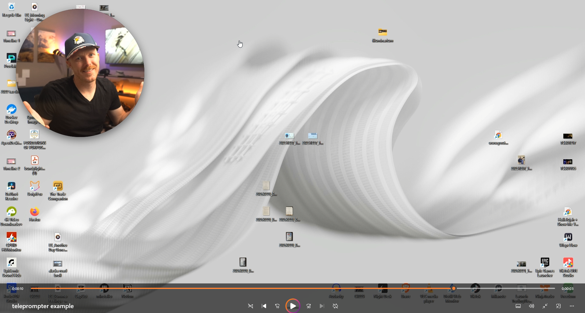 ScriptFox in-app screen recording in progress, with a webcam bubble in the top-left corner and a recording timeline along the bottom — the floating prompter is invisible in the captured footage